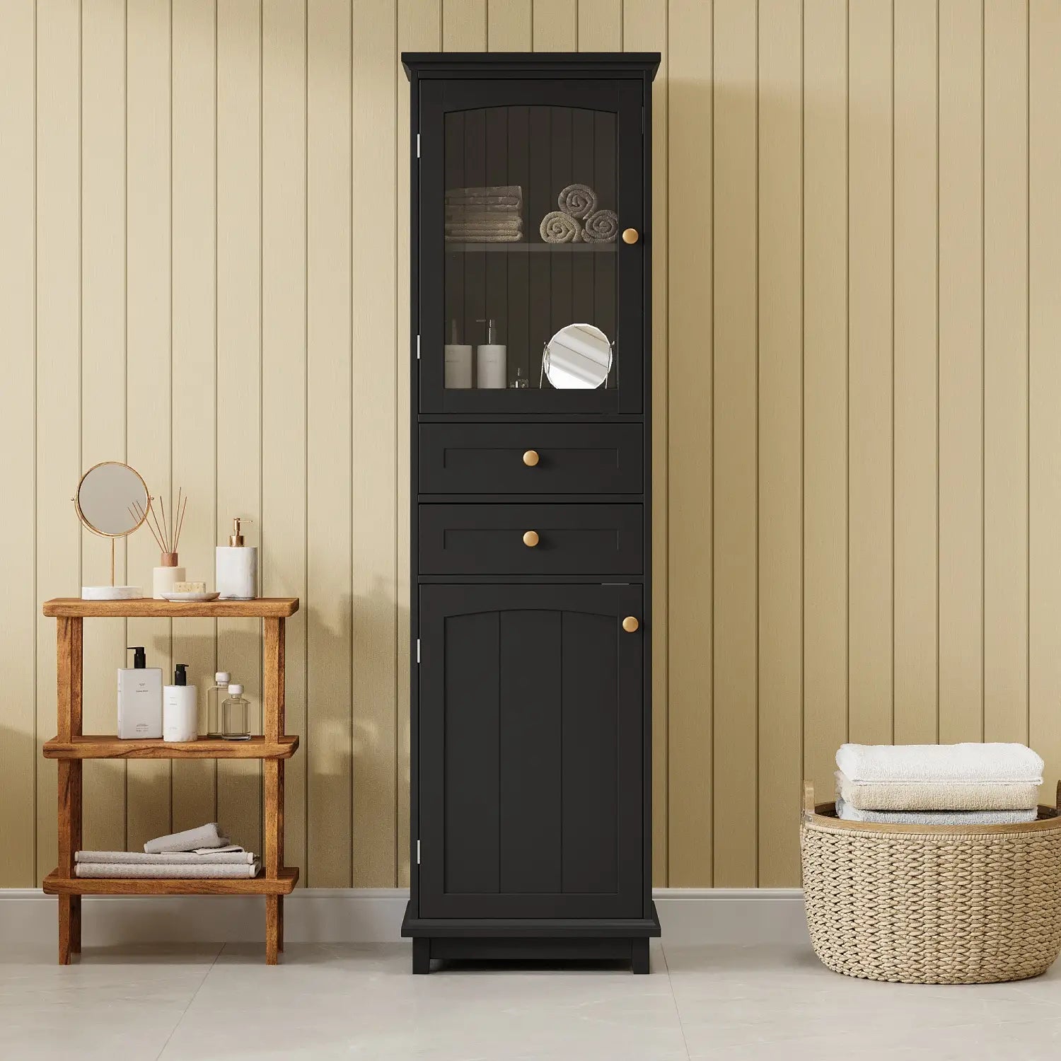 Bathroom Storage Cabinet, Glass Doors, Adjustable Shelves, 18