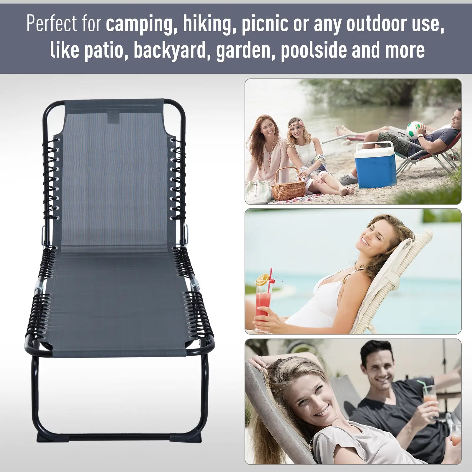 Adjustable Folding Lounge Chair, 4-Level Reclining, Grey Lounger Chairs at Gallery Canada