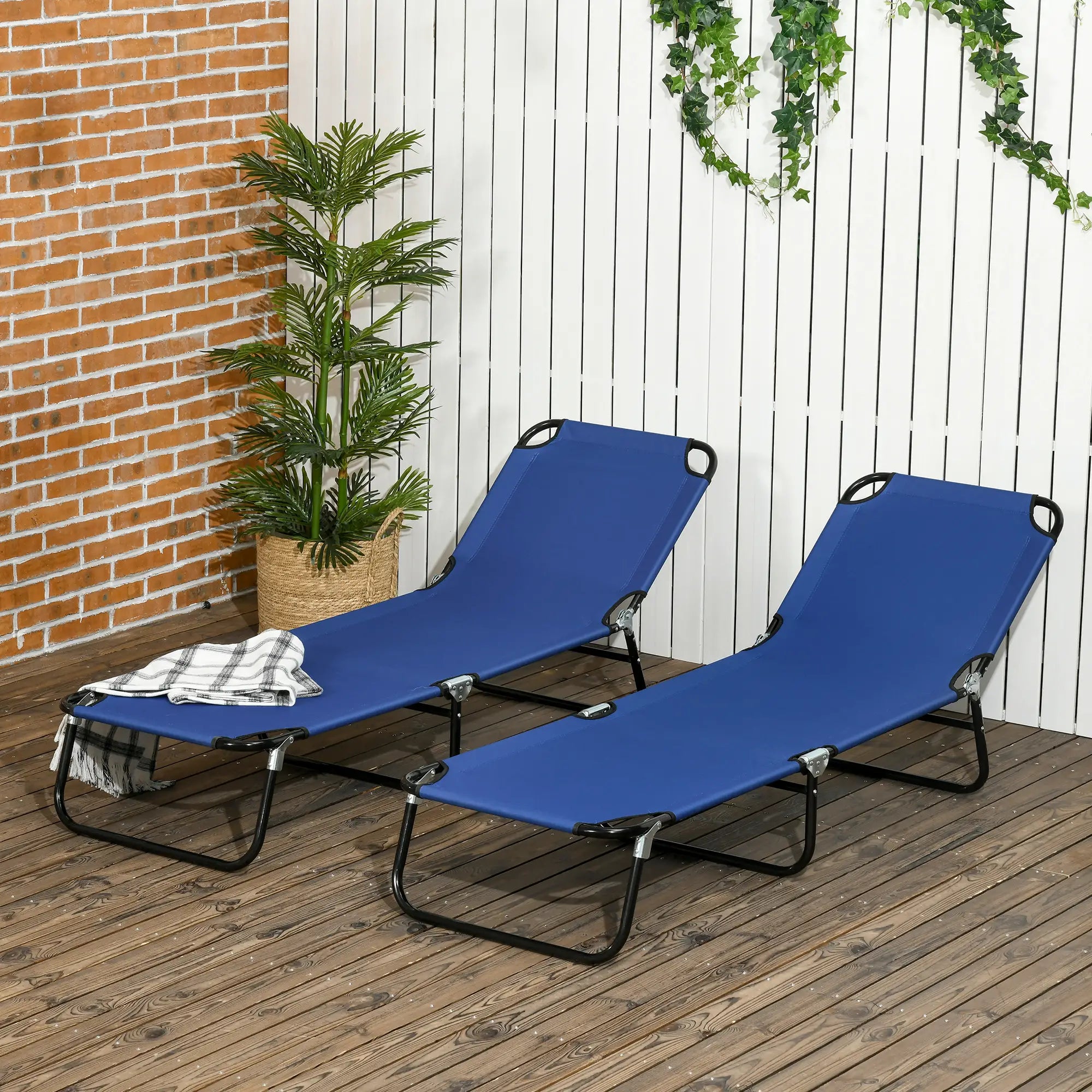 Set of 2 Folding Outdoor Lounge Chairs, Reclining Back, Breathable Mesh, Blue Lounger Chairs at Gallery Canada