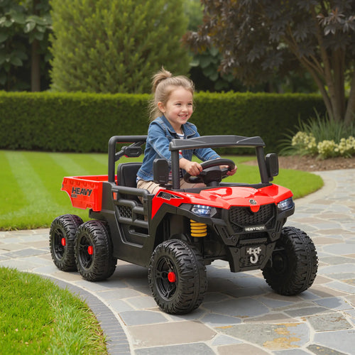 24V 4WD Kids Ride On Truck, 6 Wheels, 2 Seater, Remote, Dump Bed, Red