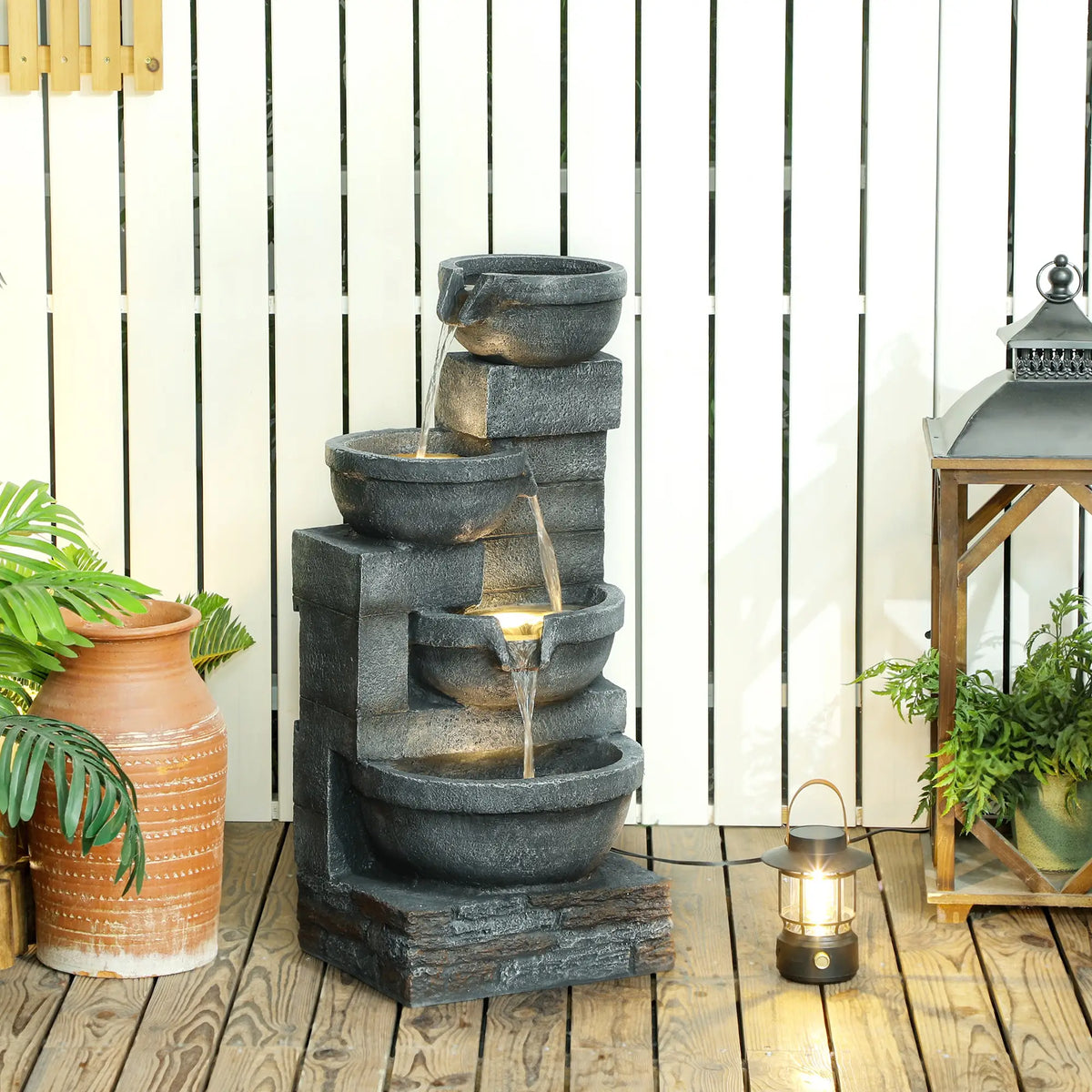 30" Tall Outdoor Water Fountain, LED Lights, 4-Tier Resin Bowls, Grey Water Fountains at Gallery Canada