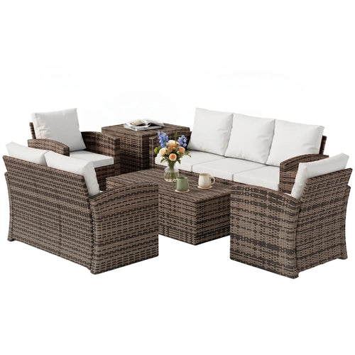6-Piece Wicker Patio Furniture Set, 7-Seater with Cushions, Cream White