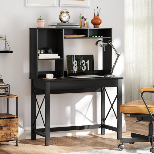 Computer Desk with Hutch, Home Office Table with Storage Shelves, Black