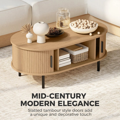 Coffee Table with Sliding Tambour Doors and Storage Center Table with Metal Legs, 39", Natural Coffee Tables at Gallery Canada