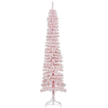 7ft Snow-Flocked Slim Pencil Christmas Tree, 490 Branches, Metal Base, Pink Flocked Christmas Trees Pink at Gallery Canada