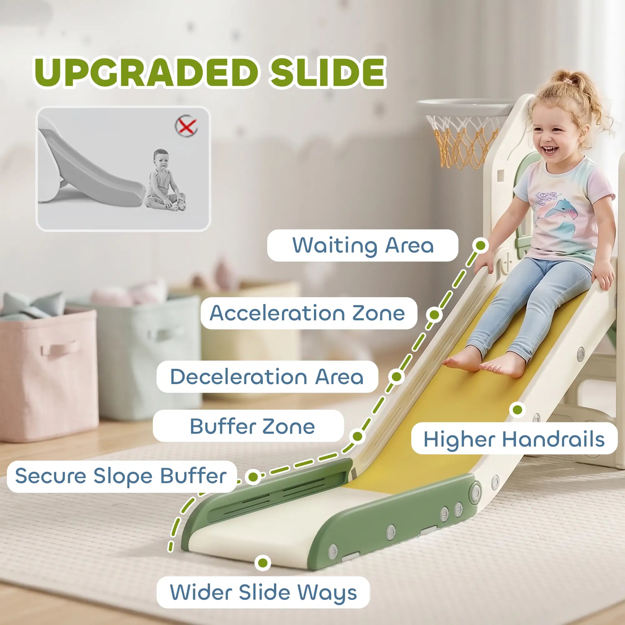 Foldable 4 in 1 Toddler Slide with Climber, Basketball Hoop, Storage Space and Basketball for Ages 1-3 Years, Cream Gym Sets & Swings at Gallery Canada