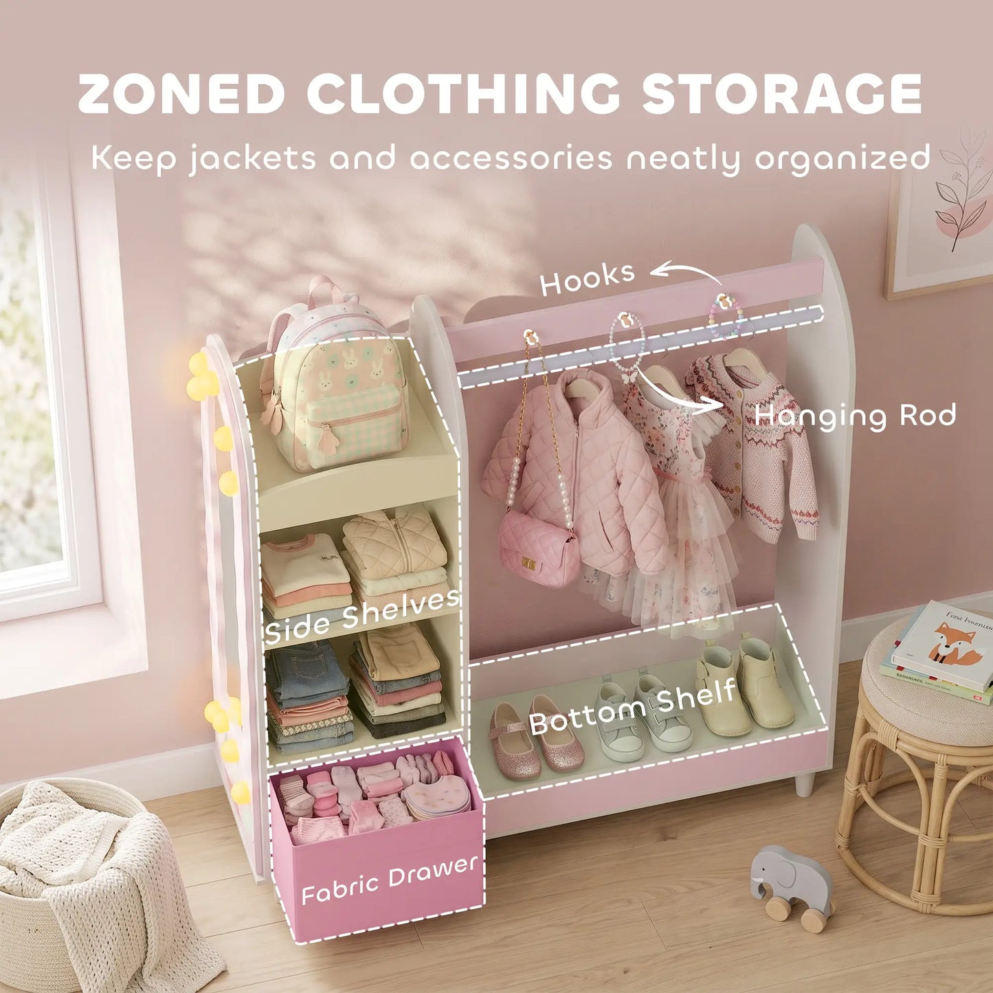 Kids Clothing Rack with Mirror, Drawer & Shelves, Pink Kids Bedroom Furniture at Gallery Canada