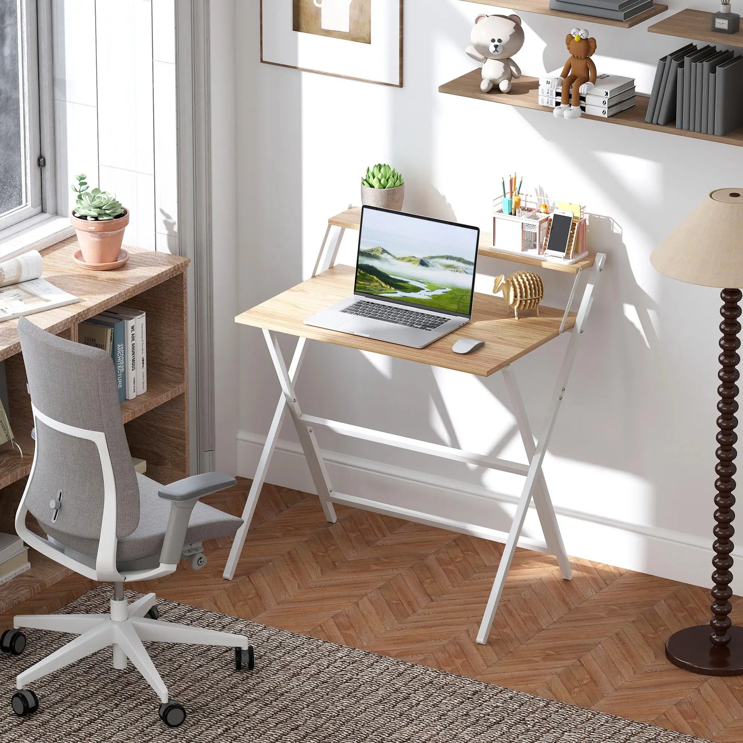 32" Folding Computer Desk with Monitor Shelf, Natural Wood Office Desks & Work Stations at Gallery Canada