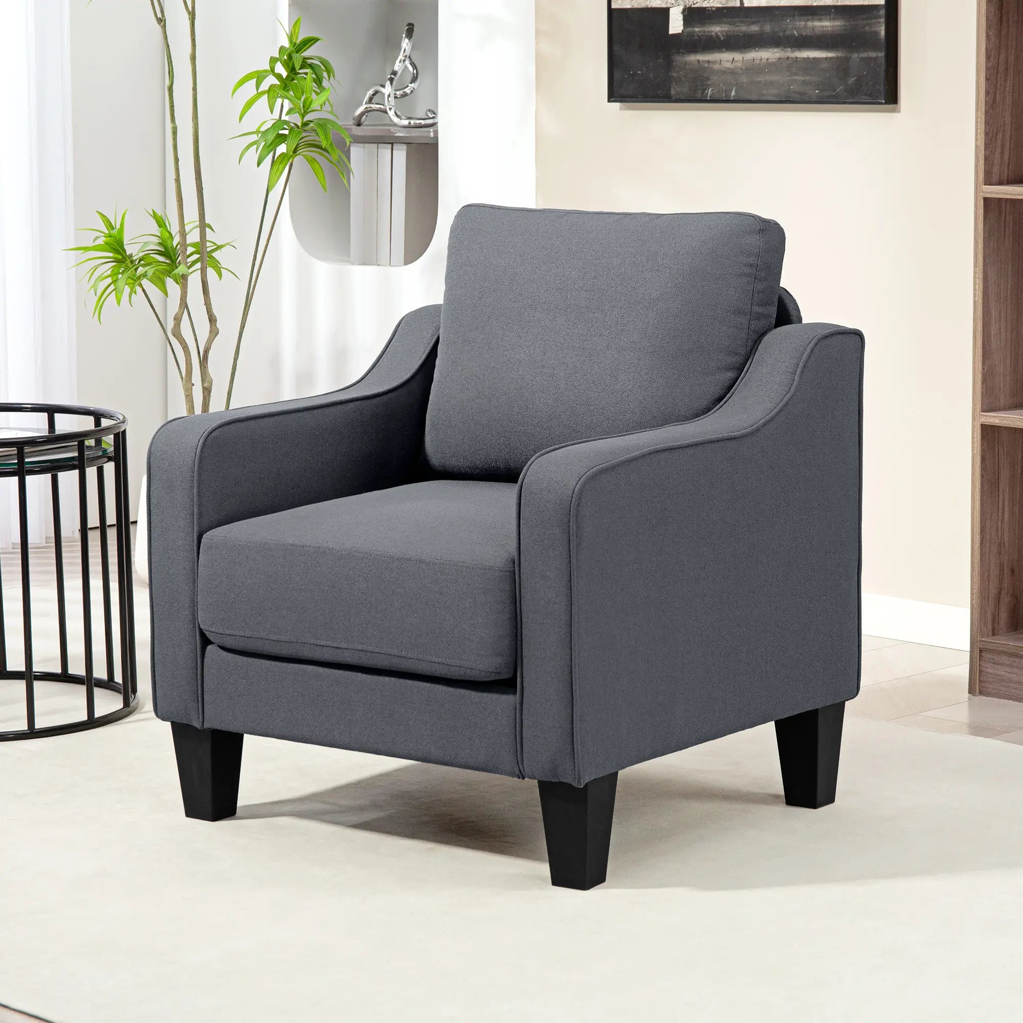 Modern Accent Armchair, Pocket Spring, Linen Upholstered, Thick Padded, Charcoal Grey Accent Chairs at Gallery Canada