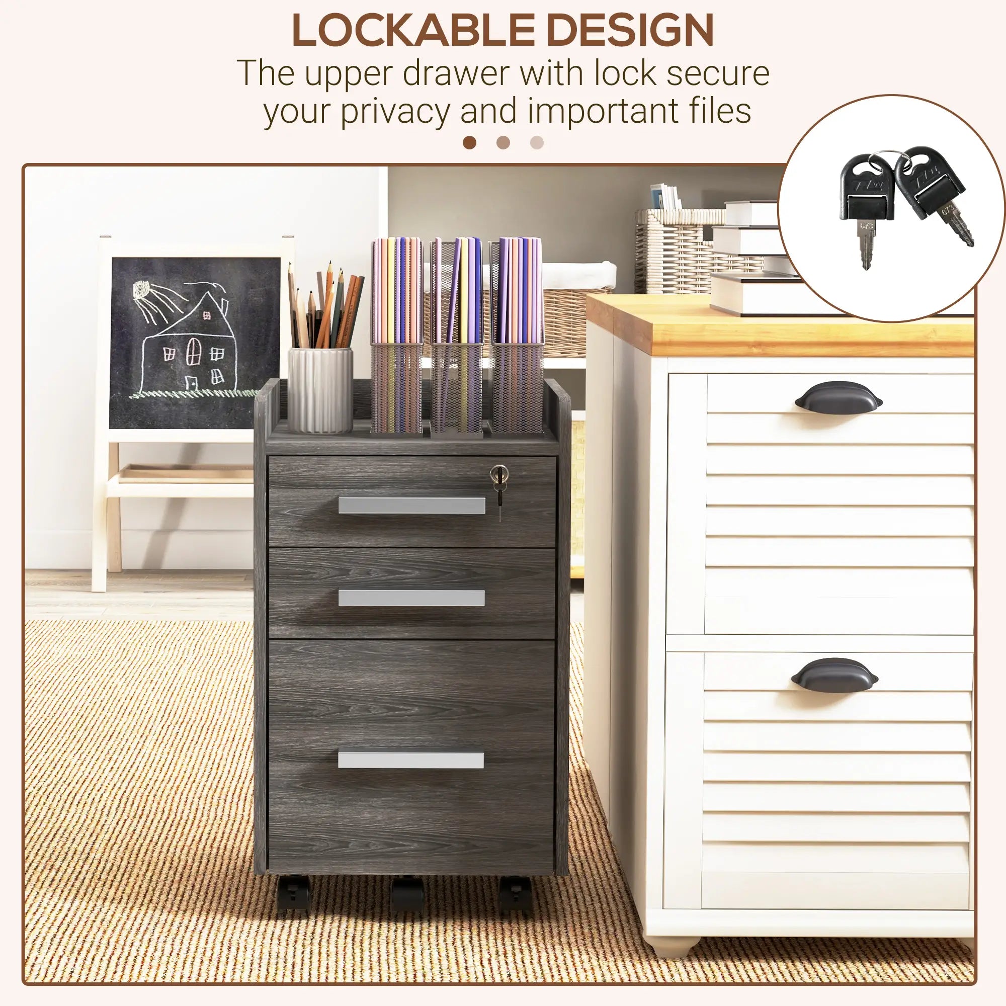3 Drawer Vertical File Cabinet, Mobile with Lock, Wheels, A4, Letter Size, Grey Office Cabinets & Cupboards at Gallery Canada