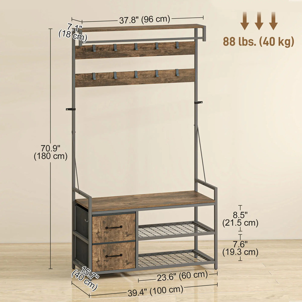 6-In-1 Hall Tree, Bench with Shoe Storage, 10 Hooks, 2 Fabric Drawers, Rustic Brown Clothing Storage at Gallery Canada