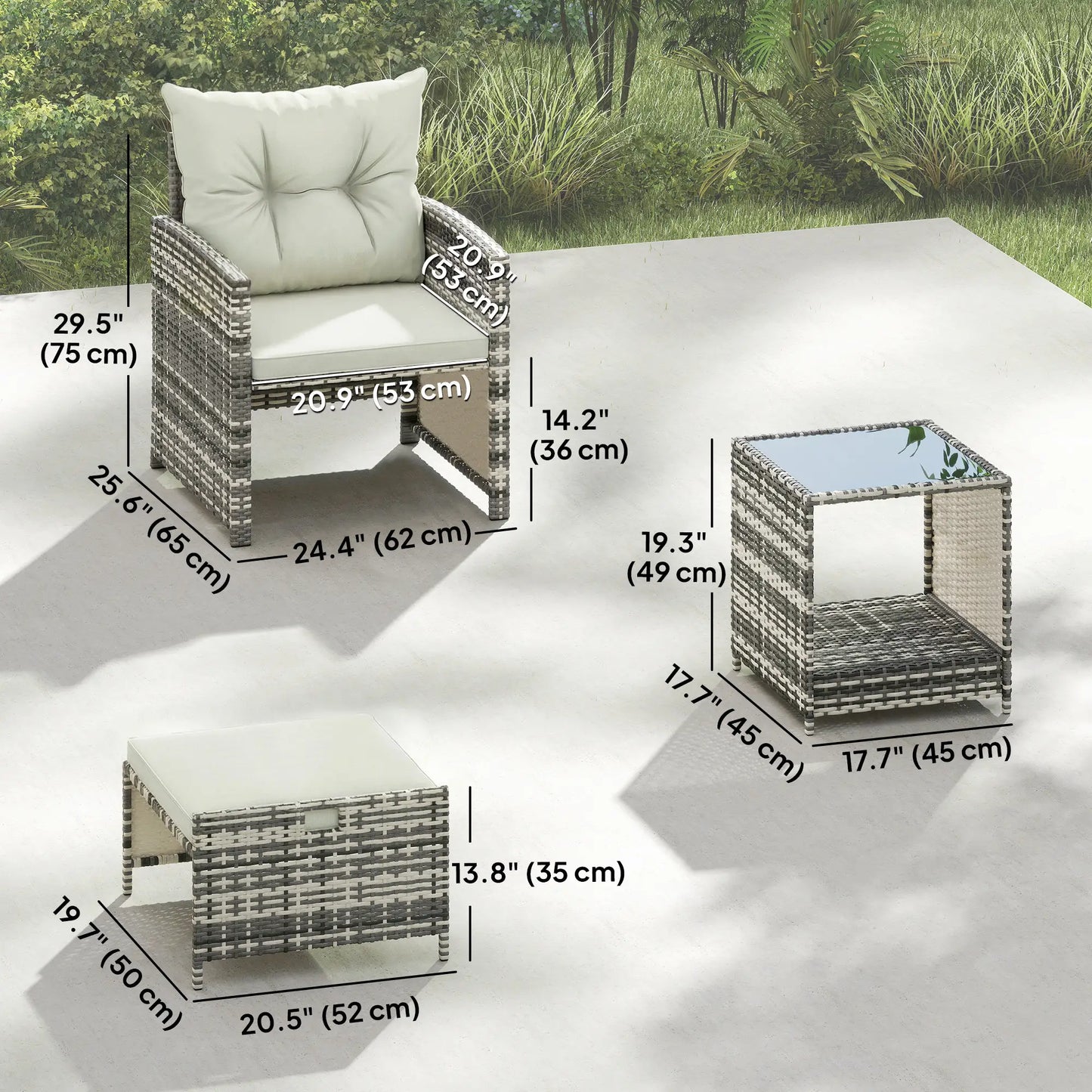 5 Piece Patio Furniture Set, Wicker Chairs With Ottomans, 2-Tier Glass Coffee Table, Grey/Cream White Patio Furniture Sets at Gallery Canada