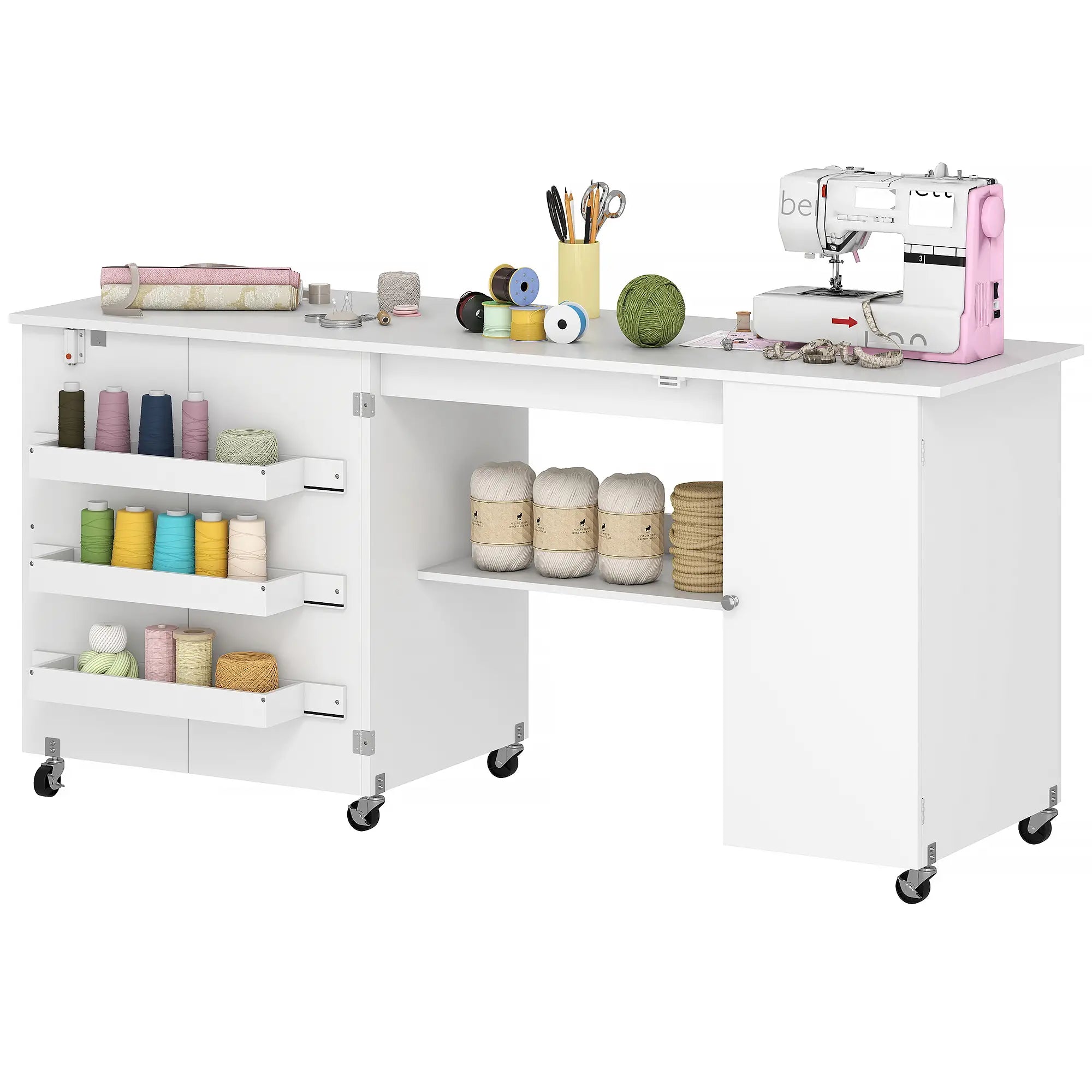 Sewing Machine Table, Drop Leaf, 2 Doors, Adjustable Shelf, White Sewing Cabinets White Wood Grain at Gallery Canada