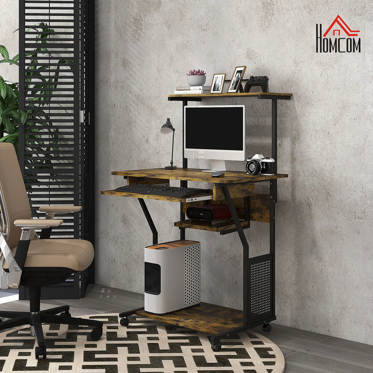 32 Mobile Computer Table, Rolling Study Desk with Keyboard Tray, Rustic Brown Computer Desks at Gallery Canada
