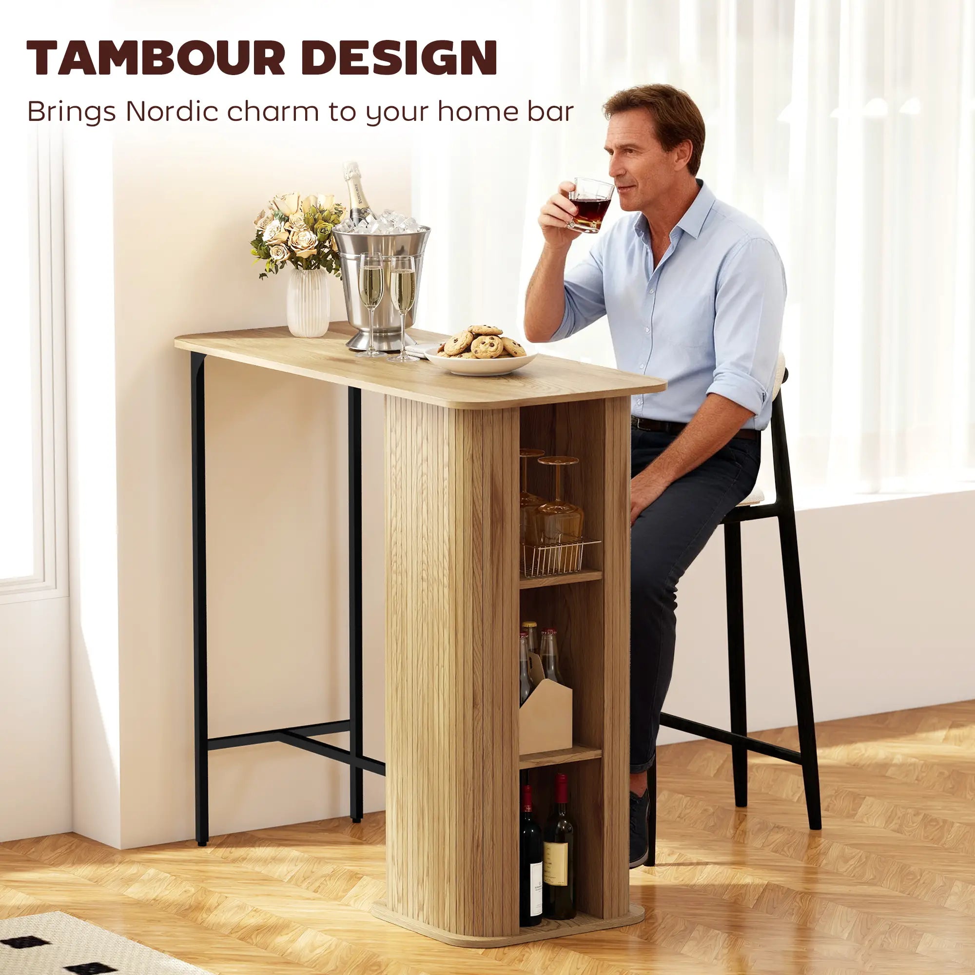 Tambour Bar Height Table, 3 Storage Shelves, Metal Frame, Natural Bar Tables at Gallery Canada