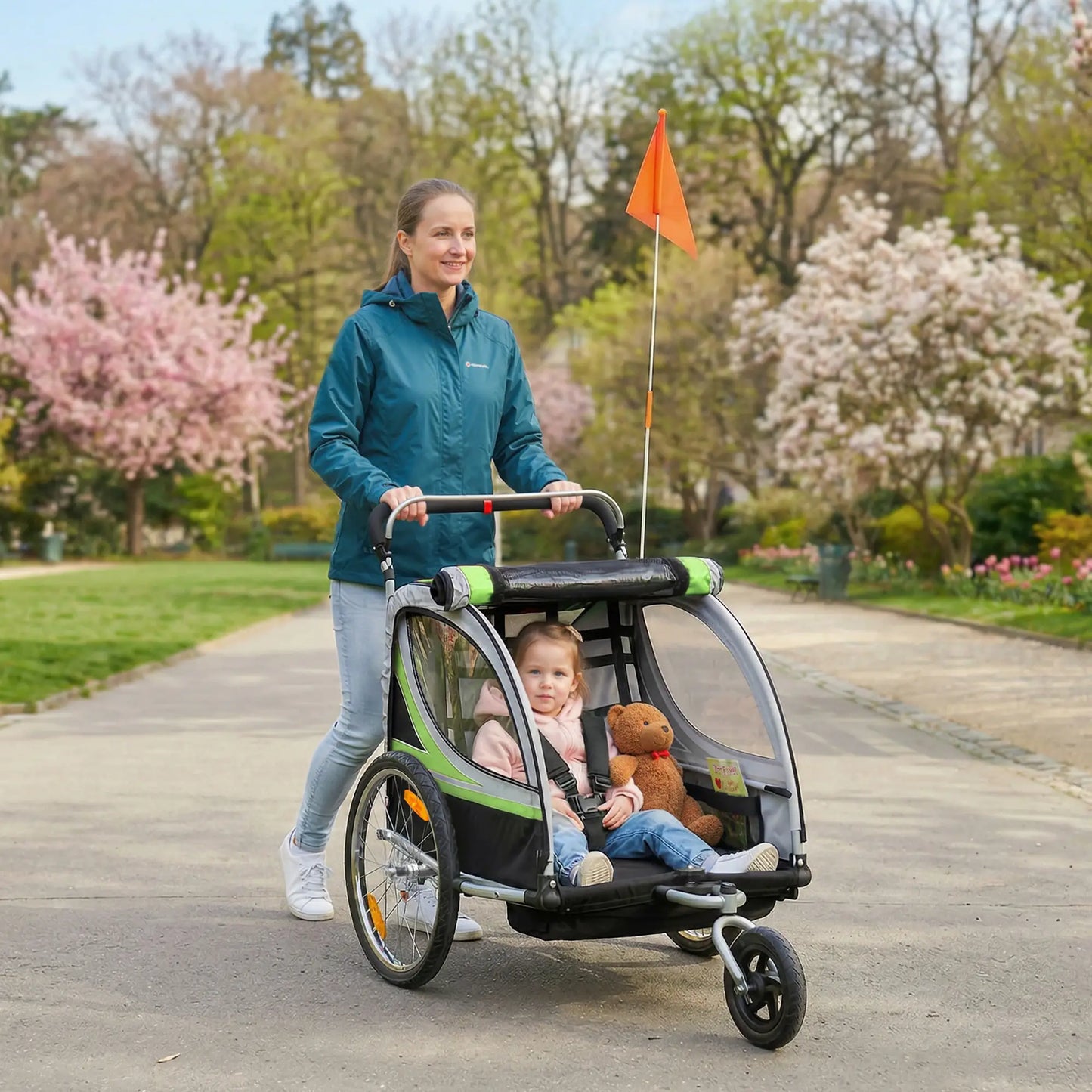 2 Seat Bike Trailer, Double Jogging Stroller, Handbrake, Rubber Wheels, Green Kids Bike Trailers at Gallery Canada