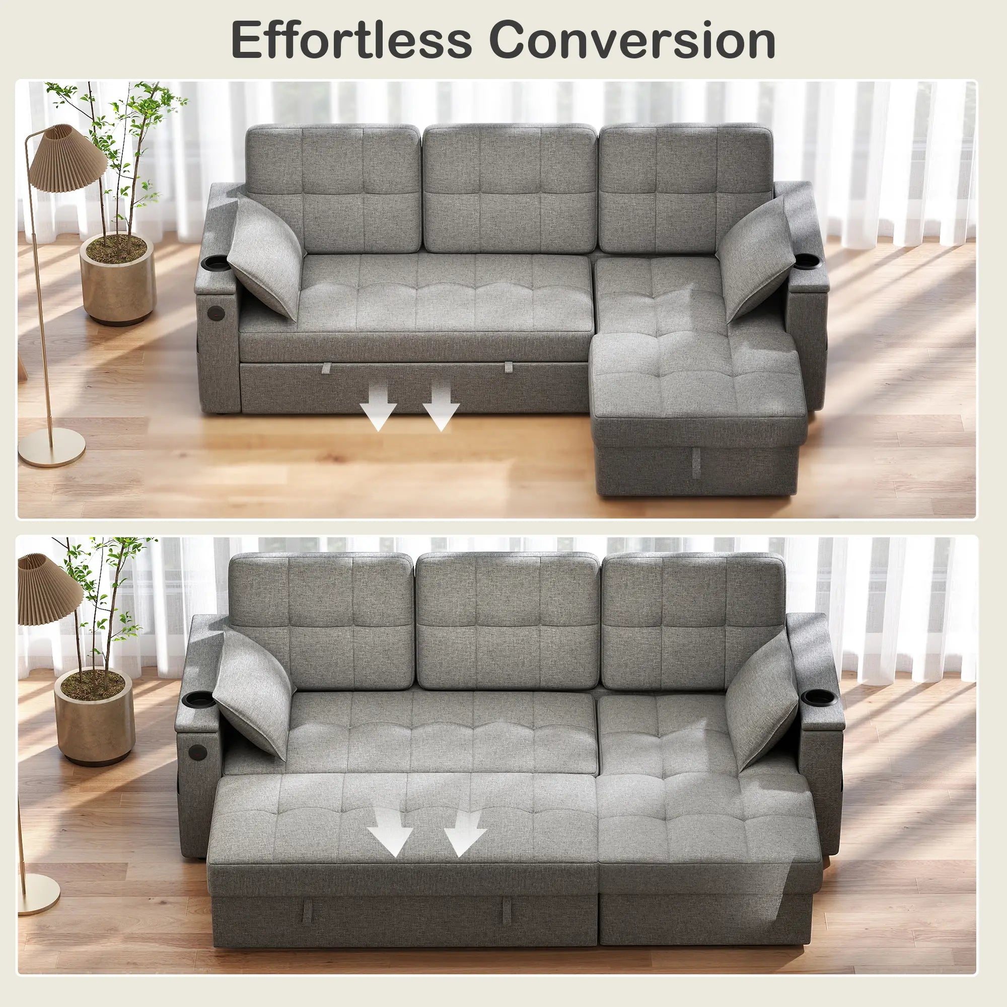 Convertible Sectional Sofa Bed, Pull Out Sleeper with USB, Chaise Storage, Grey Sofas & Reclining Chairs at Gallery Canada