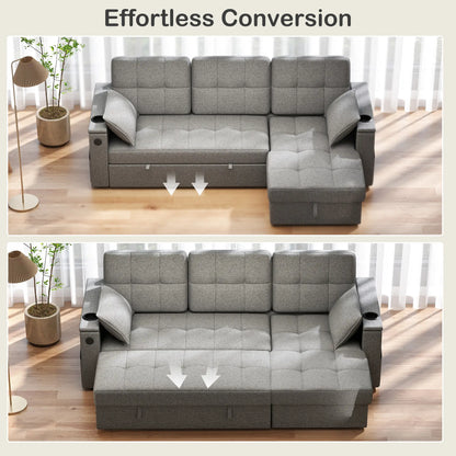 Convertible Sectional Sofa Bed, Pull Out Sleeper with USB, Chaise Storage, Grey Sofas & Reclining Chairs at Gallery Canada