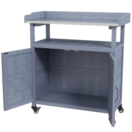 Outdoor Wooden Potting Bench, Storage Cabinet, Aluminum Tabletop, Grey Potting Benches & Tables Grey at Gallery Canada