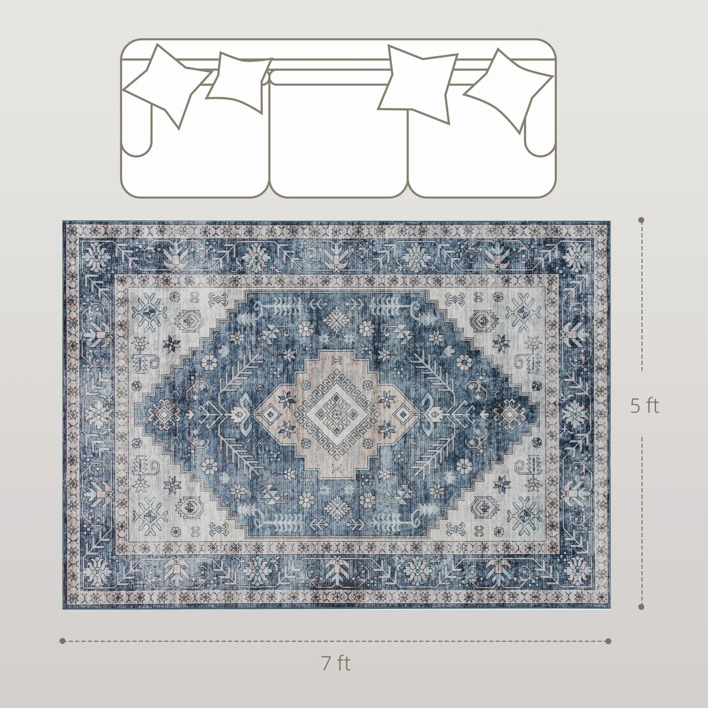 5x7 Area Rug, Vintage Washable, Non-Slip, Living Room, Bedroom, Blue Living Room Furniture at Gallery Canada