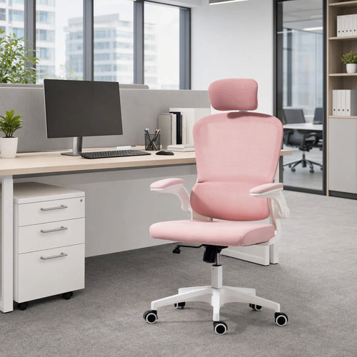 Ergonomic Mesh Office Chair, High Back, Rotatable Headrest, Flip-Up Armrests, Lumbar Support, Pink