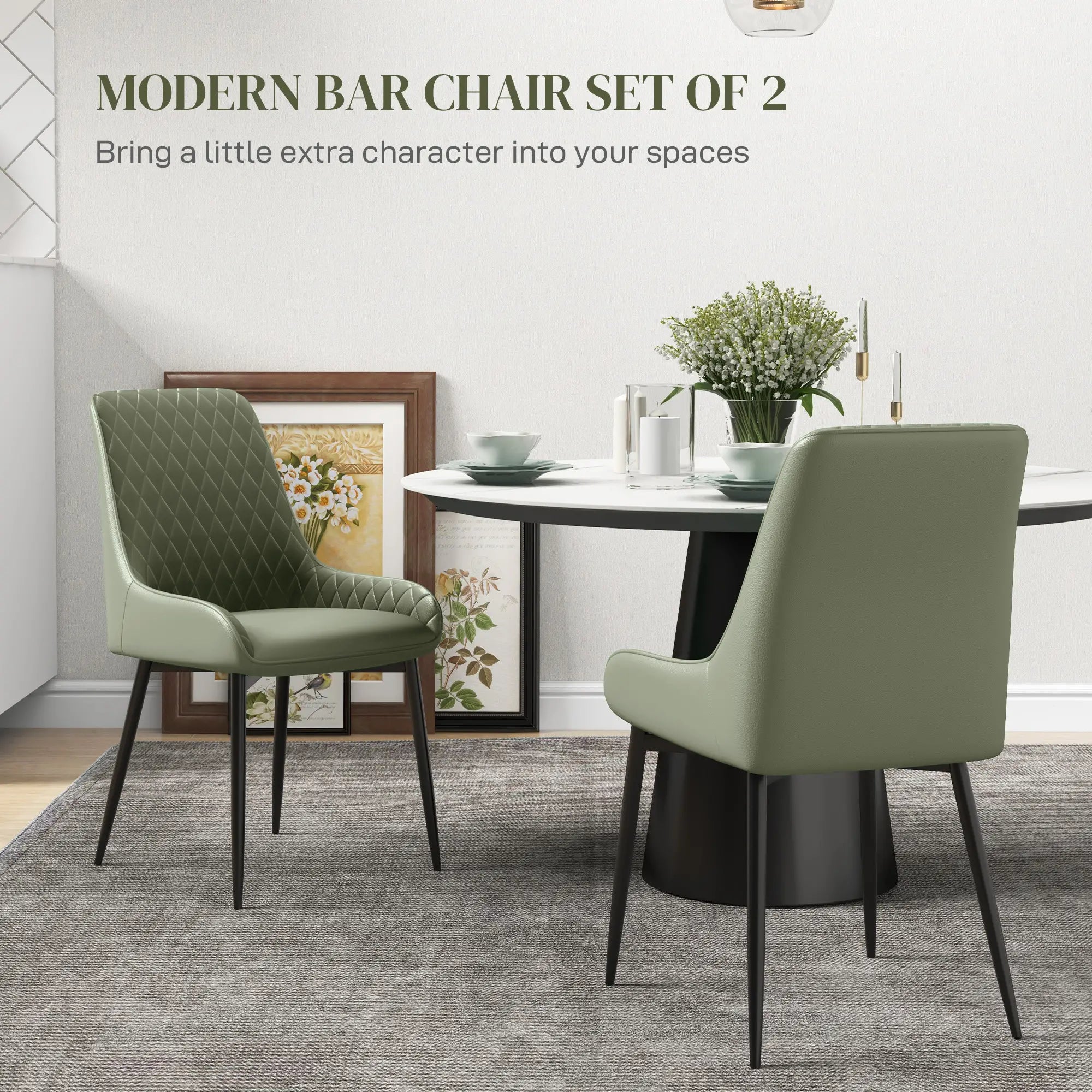 Modern Dining Chairs Set of 2, PU Leather, Metal Legs, Green Dining Chairs at Gallery Canada