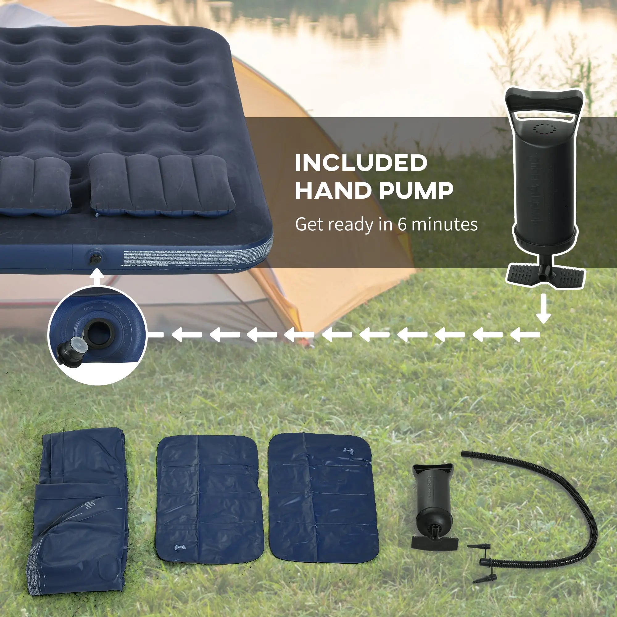 Queen Size Air Mattress, Camping Bed with Pillows, Hand Pump, Blue Camping Cots at Gallery Canada