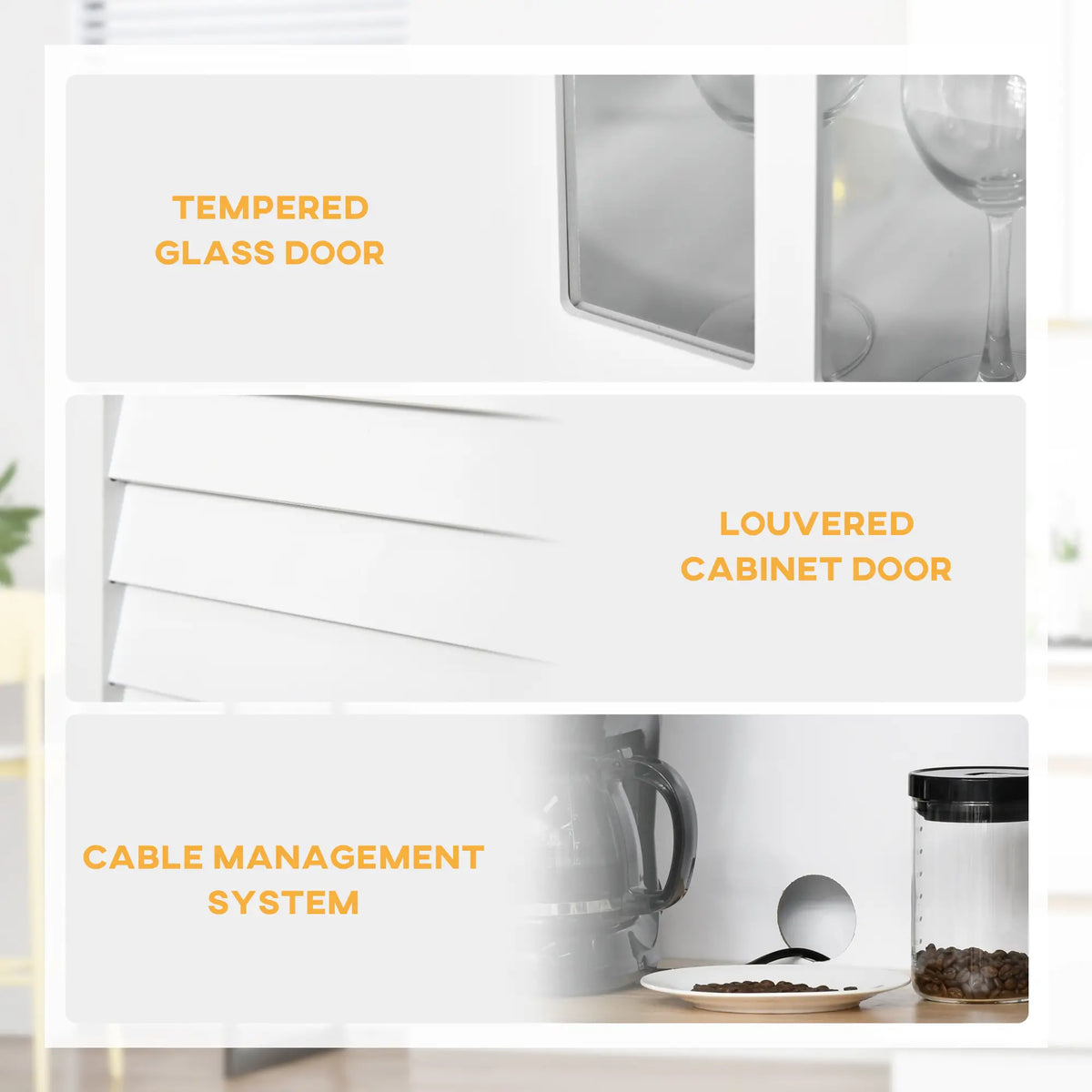 Coastal Kitchen Buffet Hutch, Wood Storage Cupboard, Glass Door, White Kitchen Pantry Cabinets at Gallery Canada