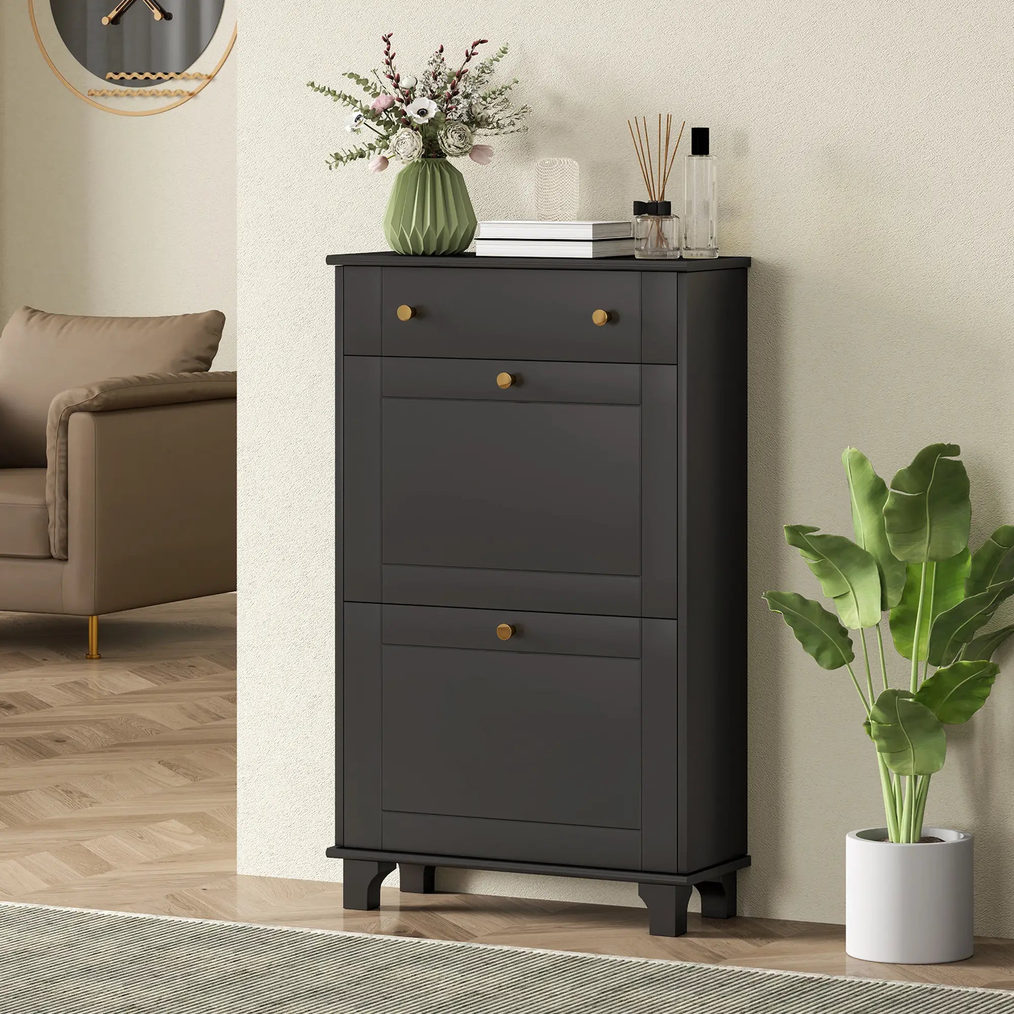 Slim Shoe Storage, 2 Flip Drawers, Adjustable Shelves, 8 Pair, Black Shoe Storage Cabinets & Racks at Gallery Canada