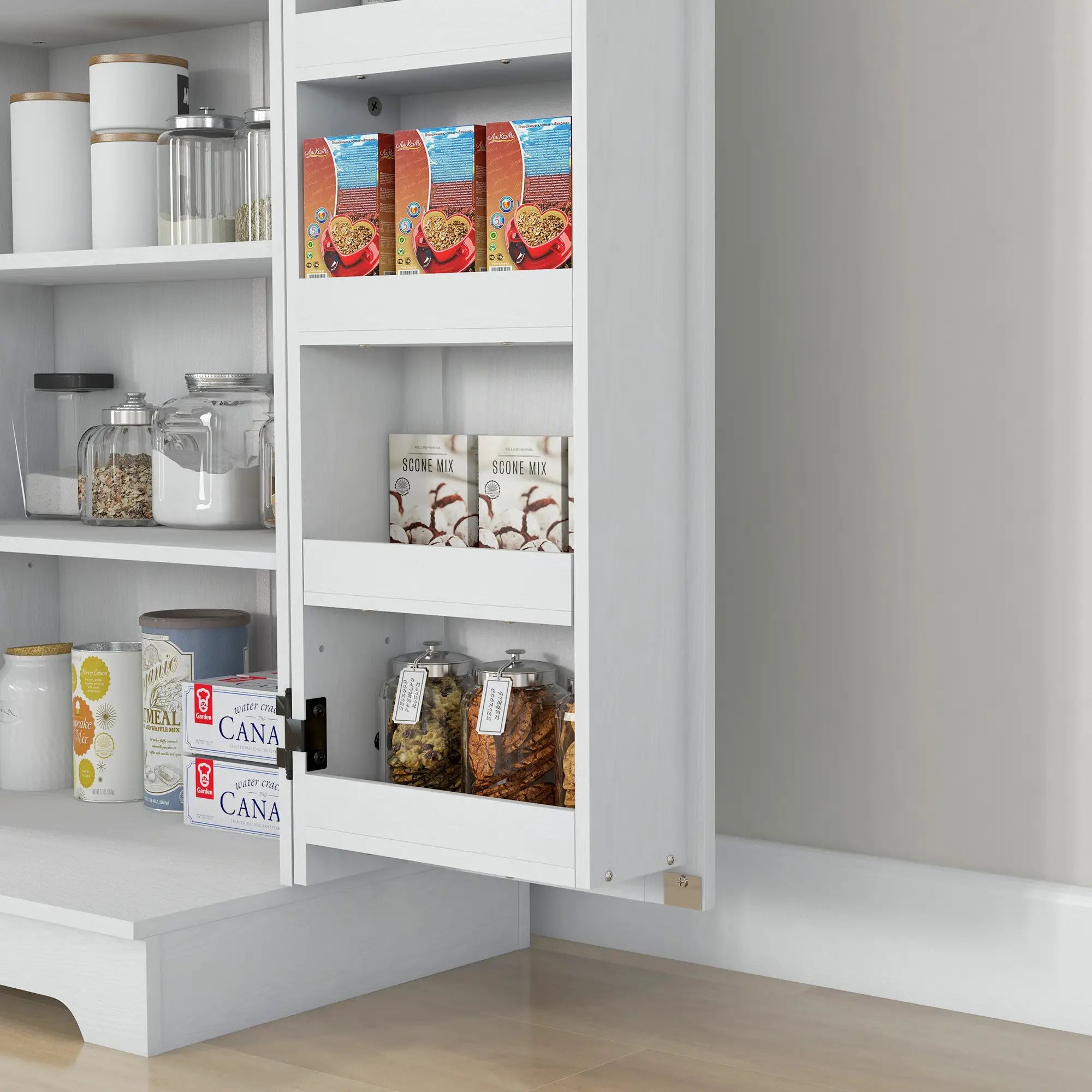 Farmhouse Kitchen Pantry Cabinet, Adjustable Shelves, Cream White Kitchen Pantry Cabinets at Gallery Canada