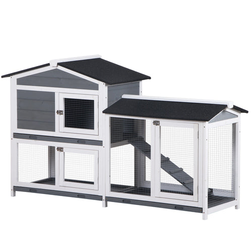 2-Tier Wooden Rabbit Hutch With Ramp, Outdoor Run, Grey