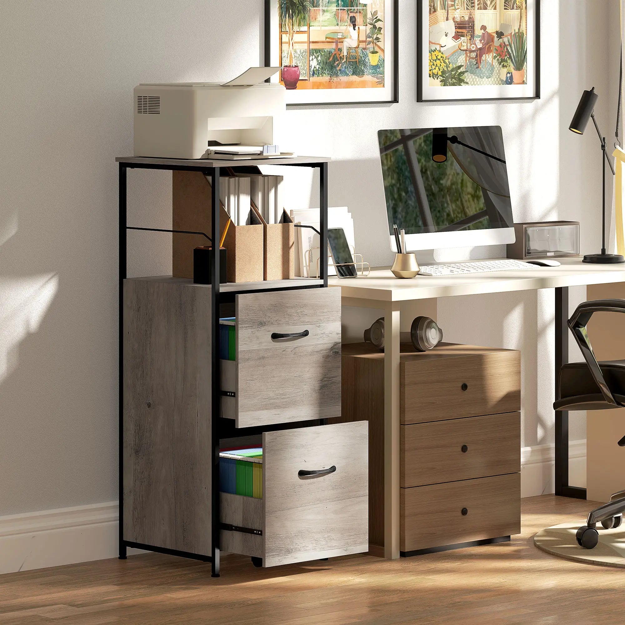 Vertical Filing Cabinet, 2 Drawers, Hanging Bars, Letter and A4 Size, Distressed Grey Office Cabinets & Cupboards at Gallery Canada