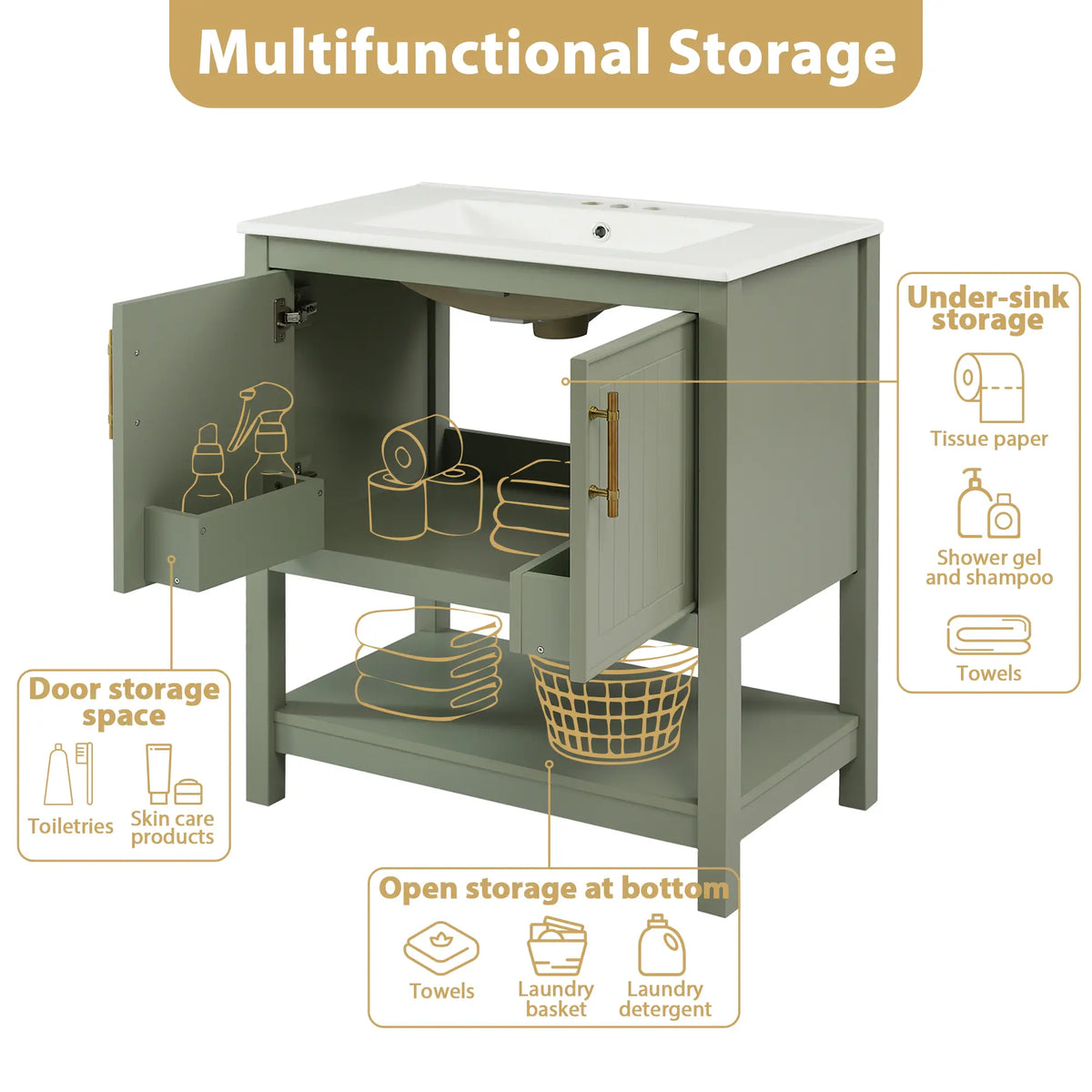 Bathroom Vanity with Ceramic Sink, Soft Close Doors, 30" L x 18.5" W x 34" H, Green+White Sink Cabinets at Gallery Canada