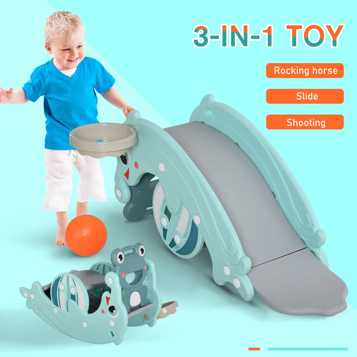 3-in-1 Kids Slide, Rocking Horse, Basketball Hoop, Age 1.5-3, Green Rocking Horses at Gallery Canada