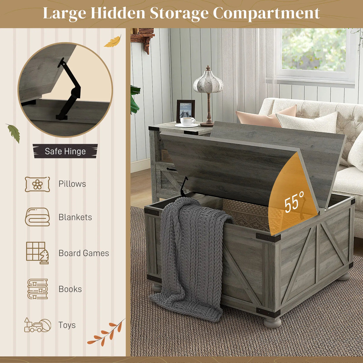 Farmhouse Coffee Table, Square Flip-Top Lid, Hidden Storage, Distressed, Grey Coffee Tables at Gallery Canada