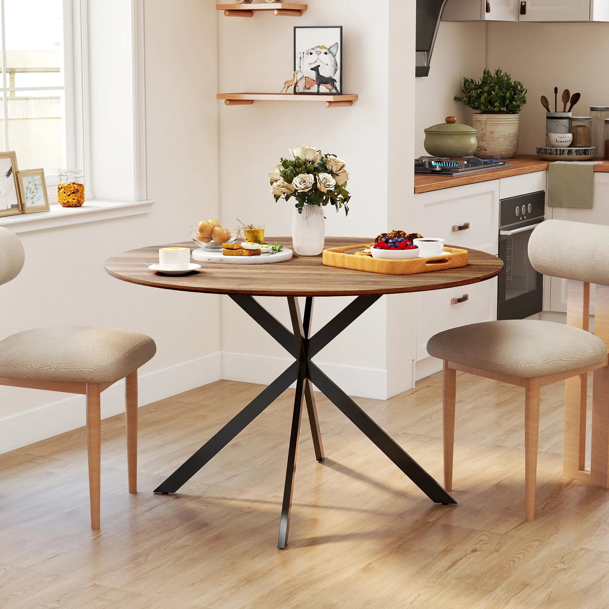 47 Inch Round Kitchen Table, Industrial Dining Table, Dark Brown Black Dining Tables at Gallery Canada