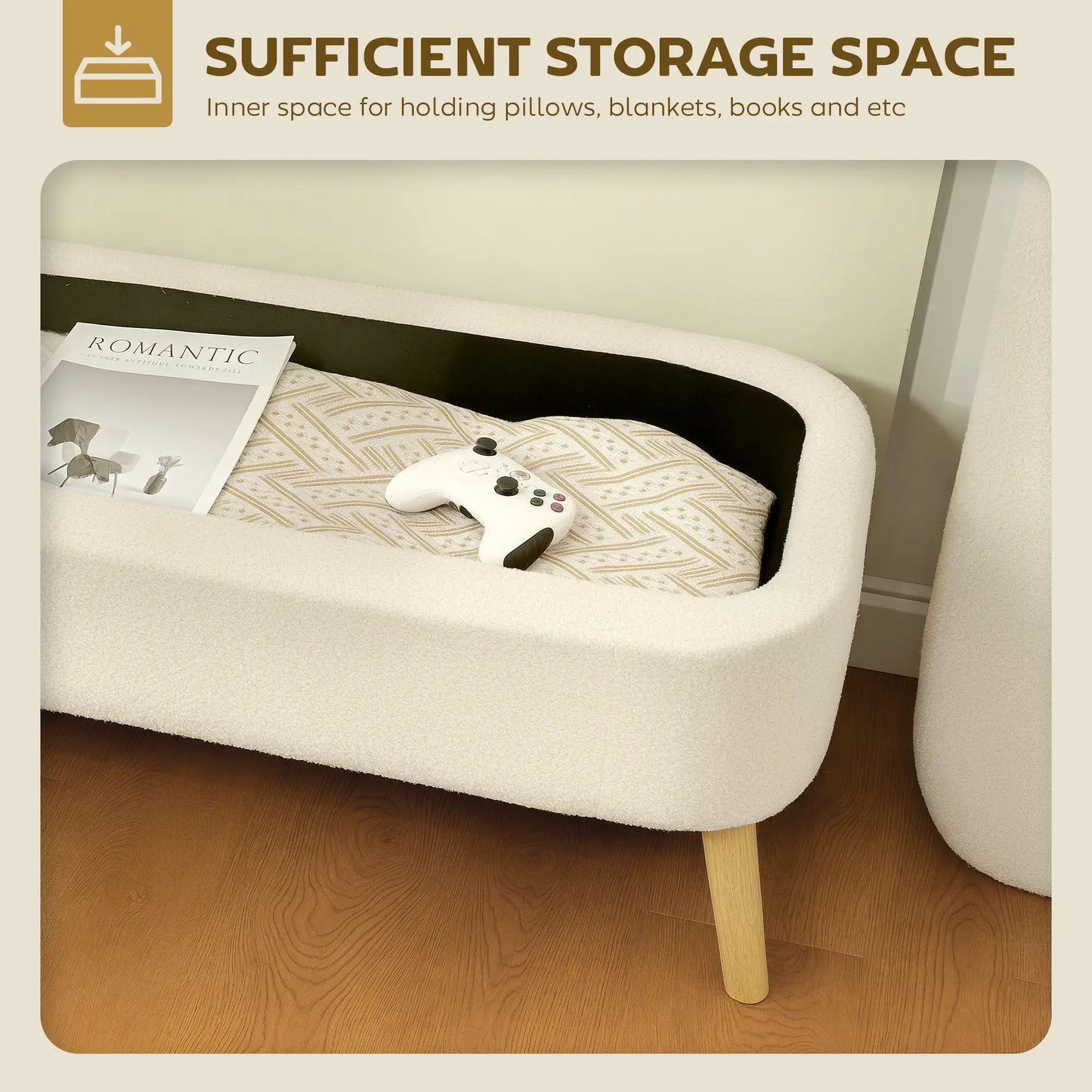 47 Inches Storage Ottoman Bench, Upholstered Teddy Fleece, Beige Storage Ottomans & Benches at Gallery Canada