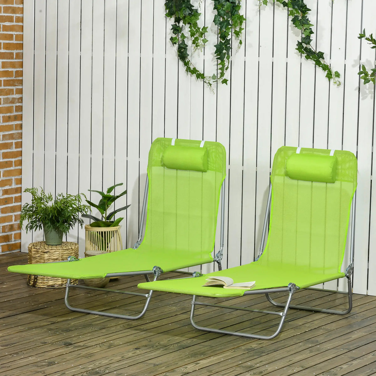 Set of 2 Folding Chaise Lounge Chairs, Outdoor, Reclining, Green Lounger Chairs at Gallery Canada