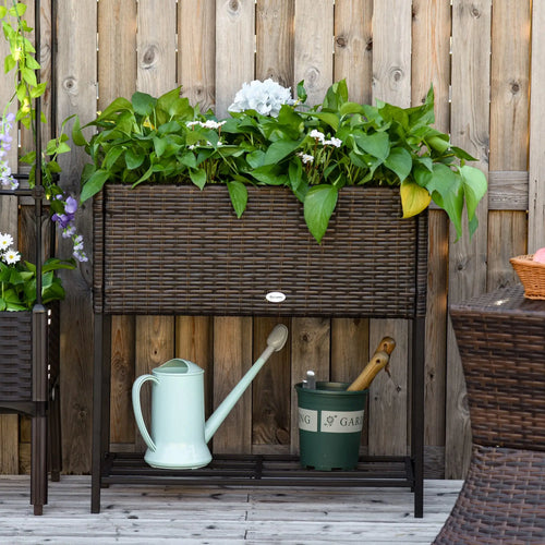 Rattan Raised Garden Box, Elevated Flower Bed with Shelf, Brown