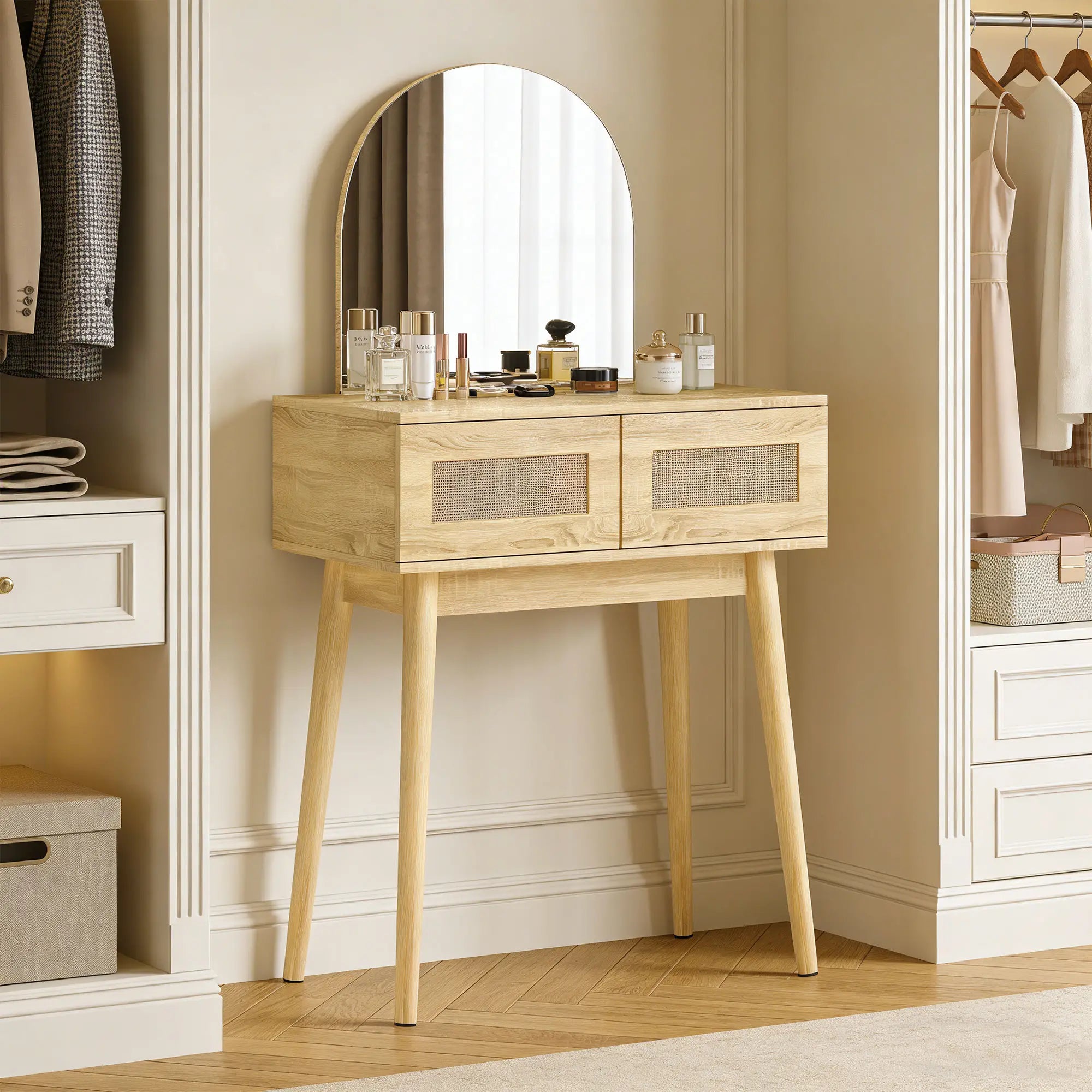 Vanity Desk With Mirror, 2 Drawers, Natural Wood Dressing & Vanity Tables at Gallery Canada