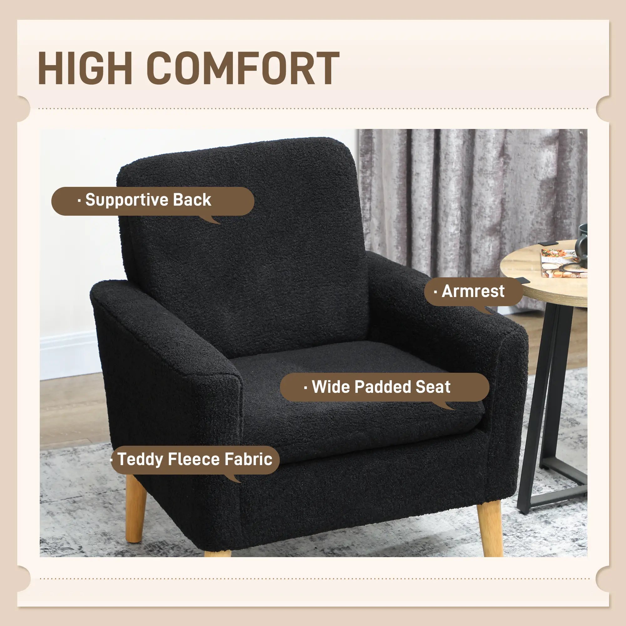 Modern Fabric Accent Chair, Upholstered Armchair with Wood Legs, Black Accent Chairs at Gallery Canada