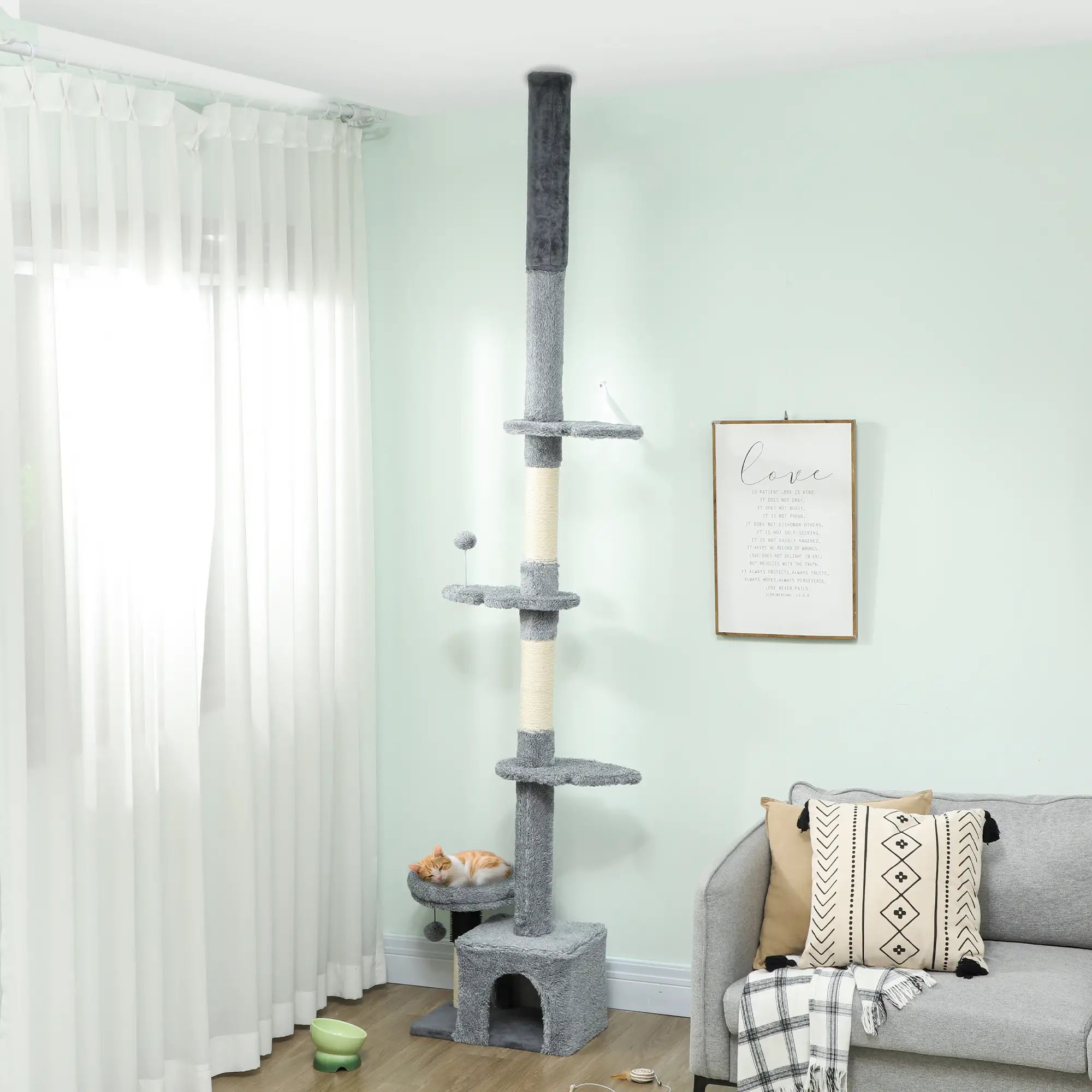 Floor to Ceiling Cat Tree, 4 Tiers, Adjustable Height 87-100