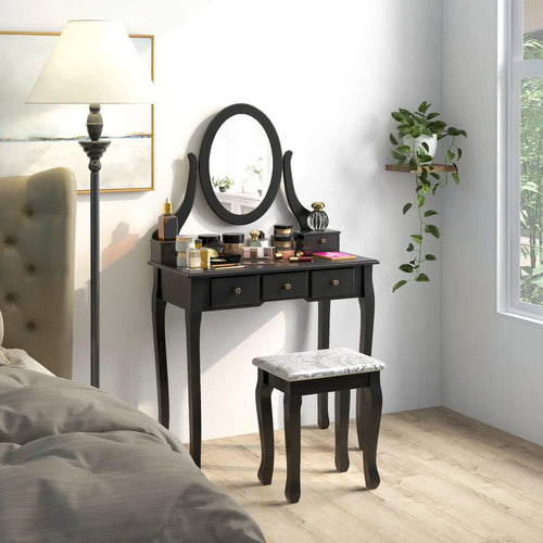 Wooden Vanity Table, 360° Rotating Oval Mirror, 5 Drawers, Padded Stool, Black