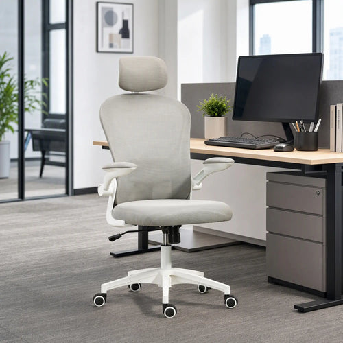 Mesh Office Chair, Adjustable Headrest, 4D Lumbar Support, Flip-Up Arm, Grey
