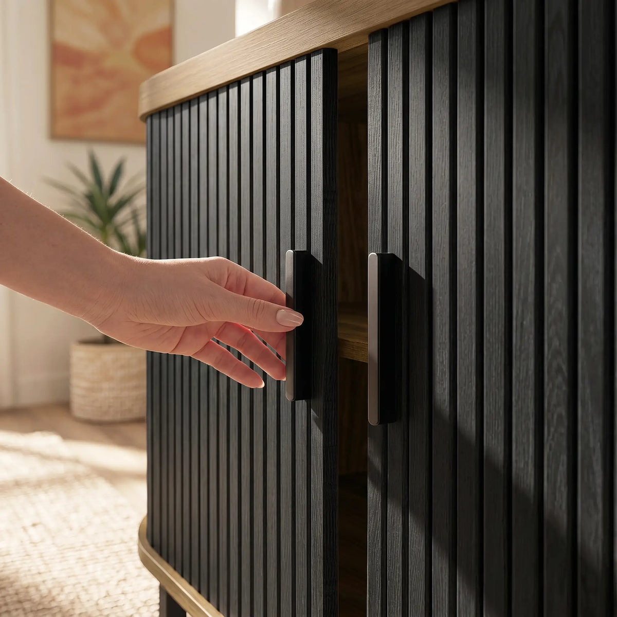 Sideboard Buffet Cabinet with Curved Tambour Doors, Brown/Black Storage Cabinets at Gallery Canada