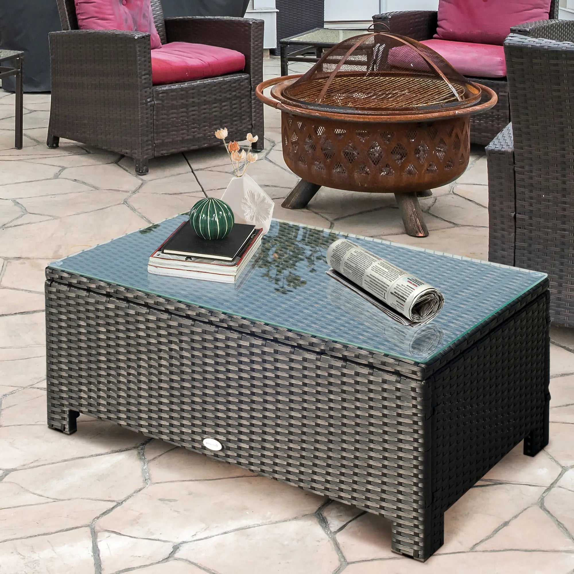 Rattan Coffee Table, Hand-Woven Wicker Furniture, Tempered Glass Top, Black Patio Side Tables at Gallery Canada