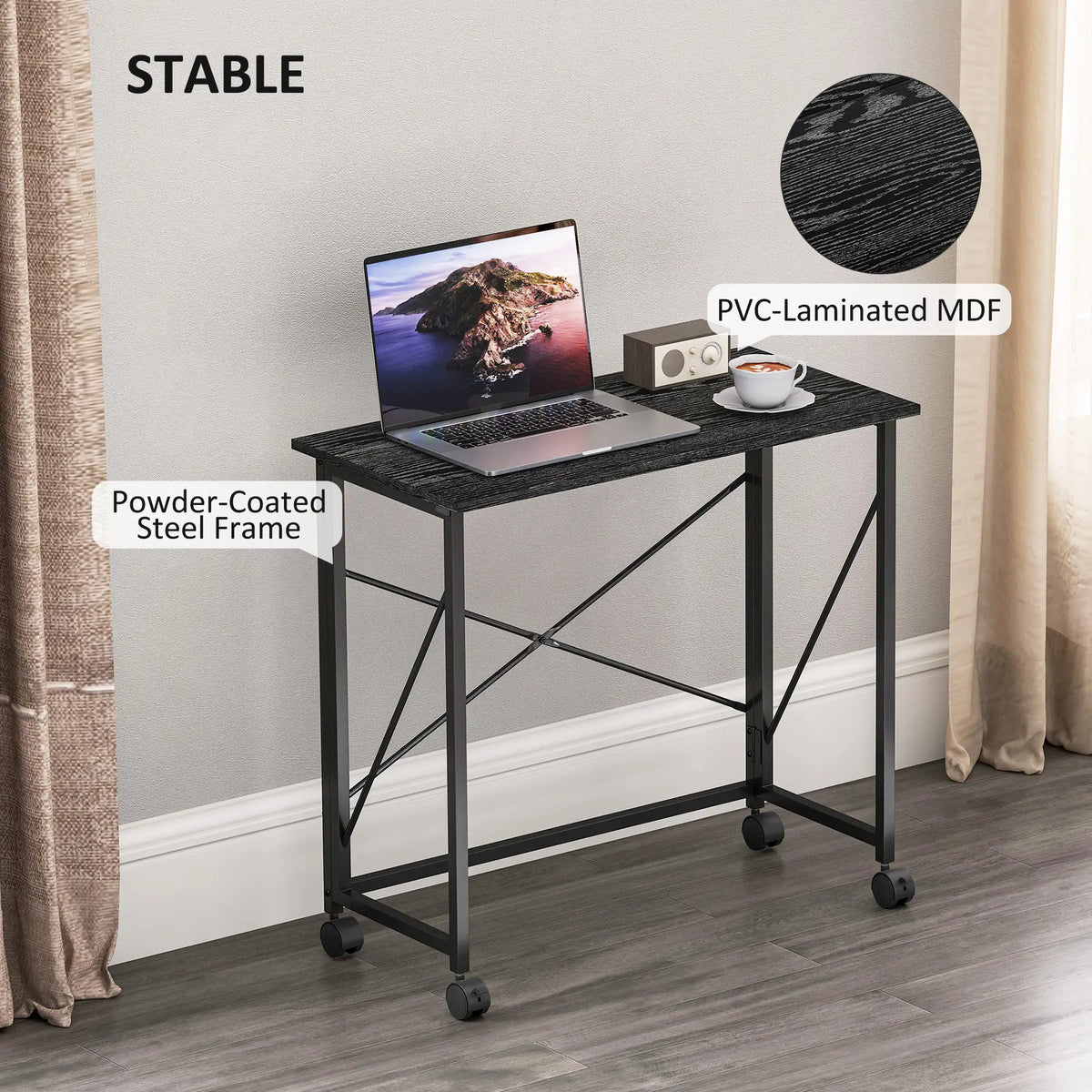 31.5" Folding Desk With Wheels, Black Wood Effect, Black Writing Desks at Gallery Canada