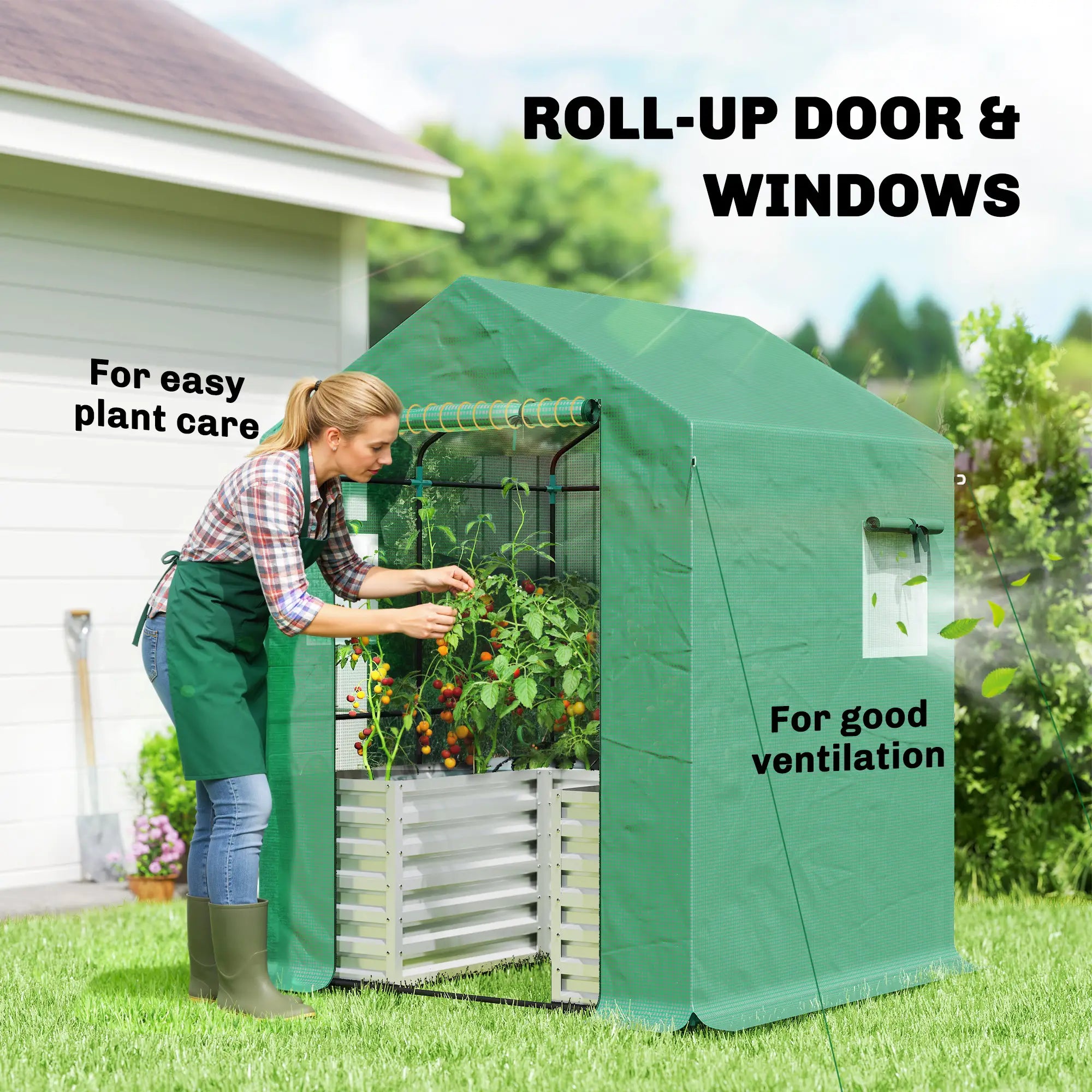Greenhouse With Raised Garden Bed, Galvanized Metal Planter Box, 56