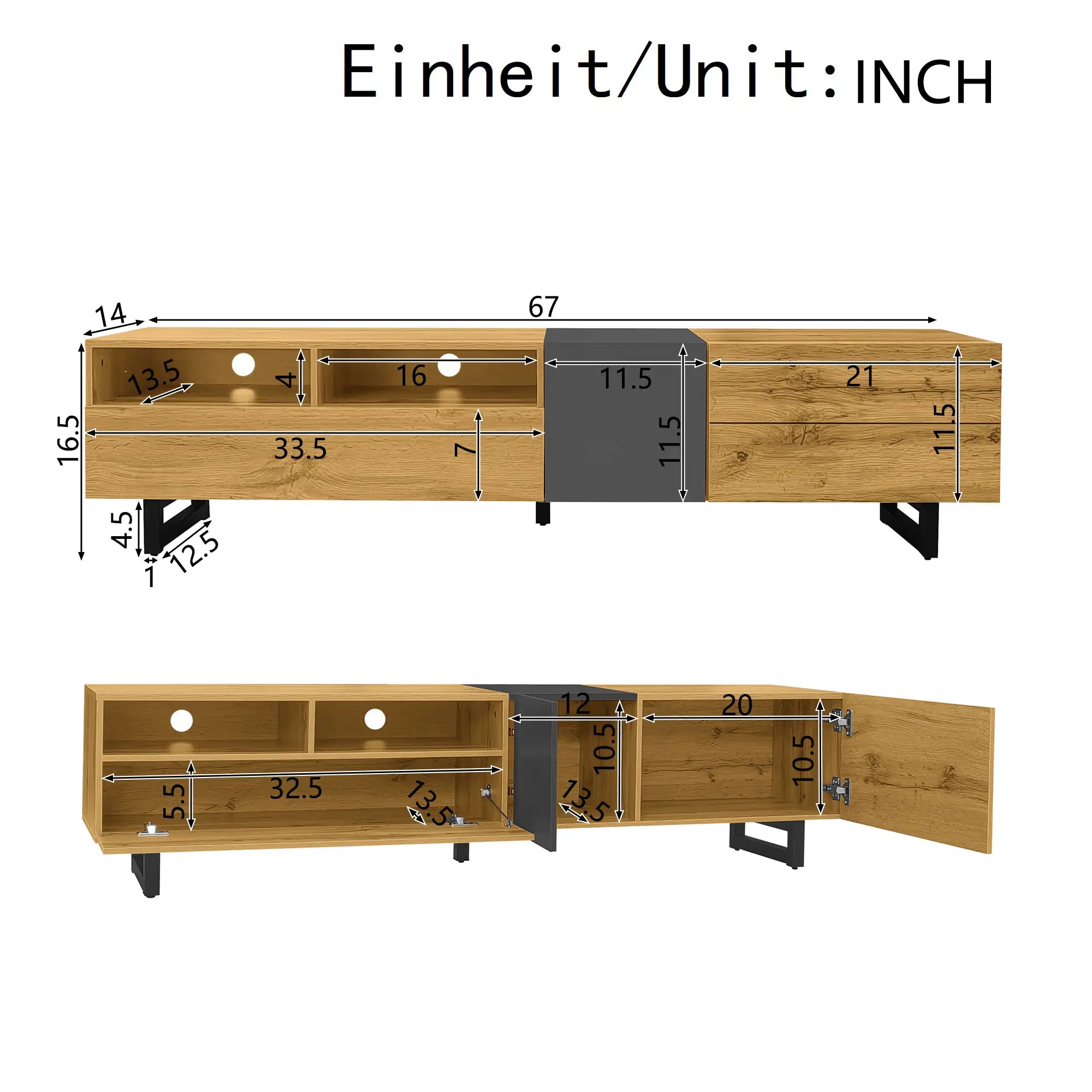 TV Stand, U-Shaped Metal Legs, 3 Doors, 2 Compartments, 67