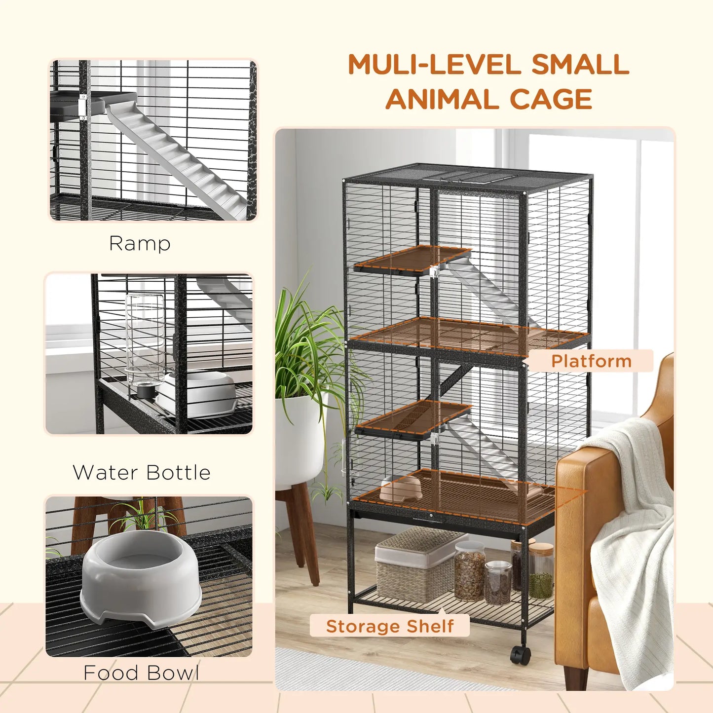 Small Animal Cage 53.5"H, Removable Tray, Storage Shelf, Dark Grey Houses & Habitats at Gallery Canada